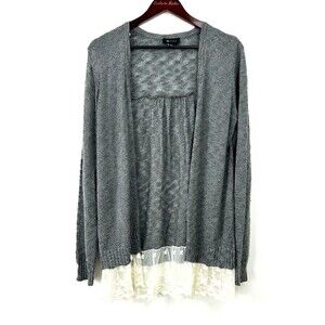 AB Studio Women Gray Open Front Lace Trimmed Knit Cardigan Sweater Sz L 1041T4